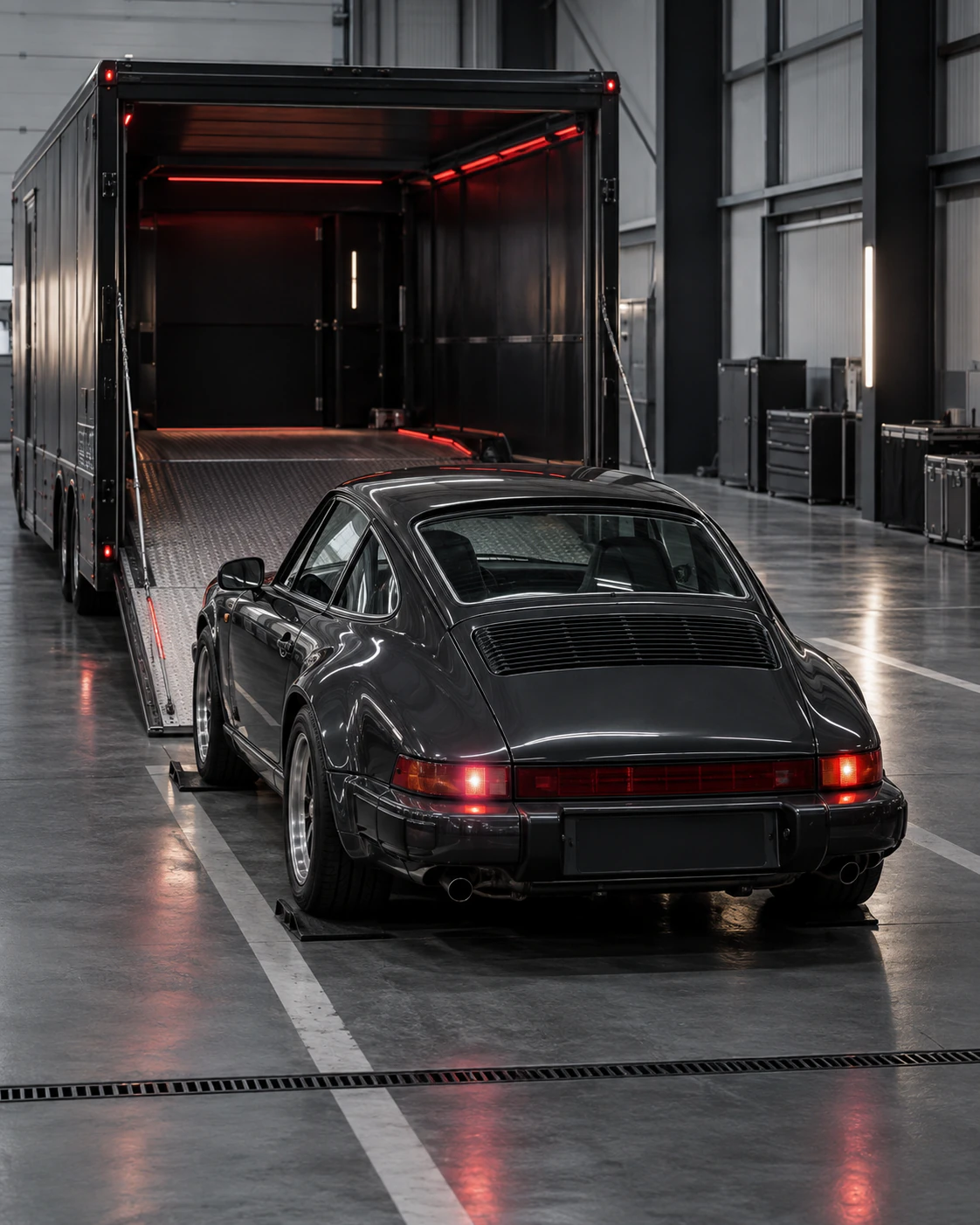 Black Porsche prepared for enclosed transportation