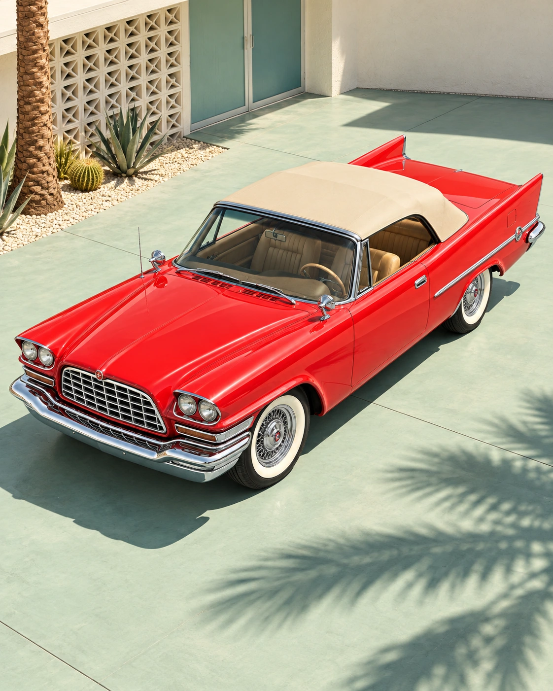 RGB's red 1957 Chrysler 300C convertible, with its cream roof and whitewall tyres, on a sunlit mint driveway.