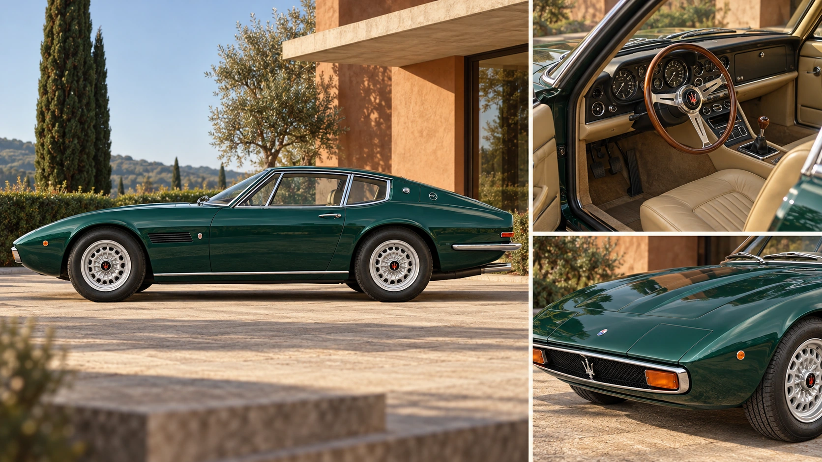 A photographic study of RGB's green 1970 Maserati Ghibli: its complete side profile, tan cabin and distinctive nose.