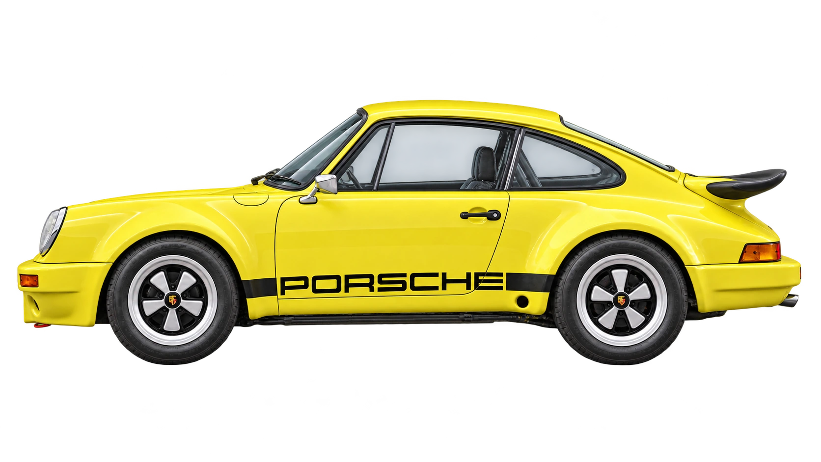 The complete side profile of RGB's Speed Yellow 1973 Porsche 911T, with Fuchs wheels, black Porsche stripe and ducktail spoiler.