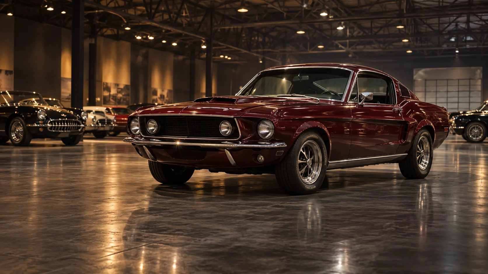 Imagined burgundy American muscle car in a warmly lit collector-car hall.