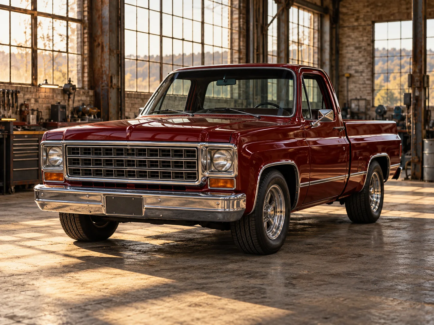 Imagined oxblood-red square-body pickup in a sunlit industrial workshop.