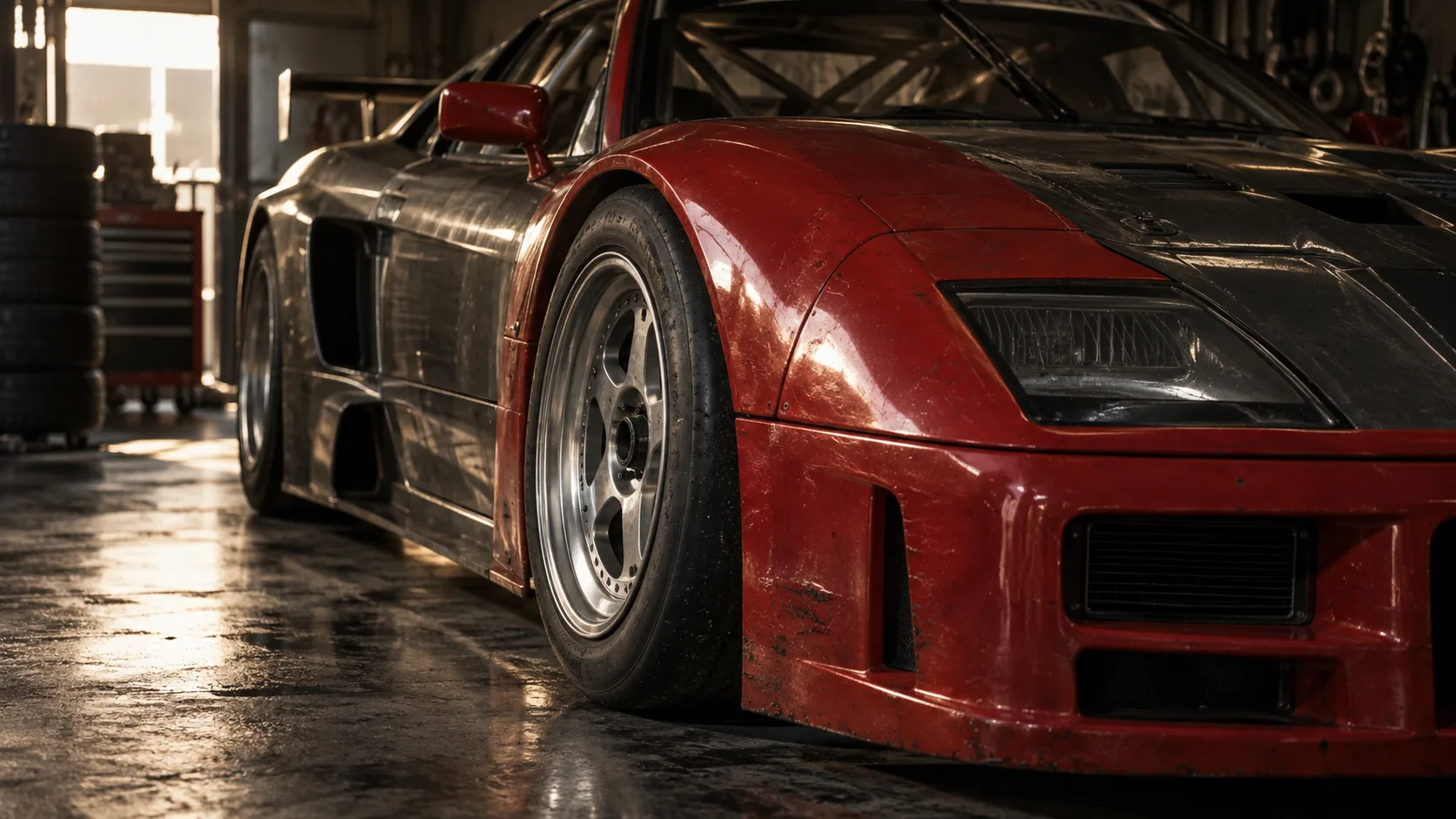 Imagined vintage American GT race-car wheel and fender in a pit garage.