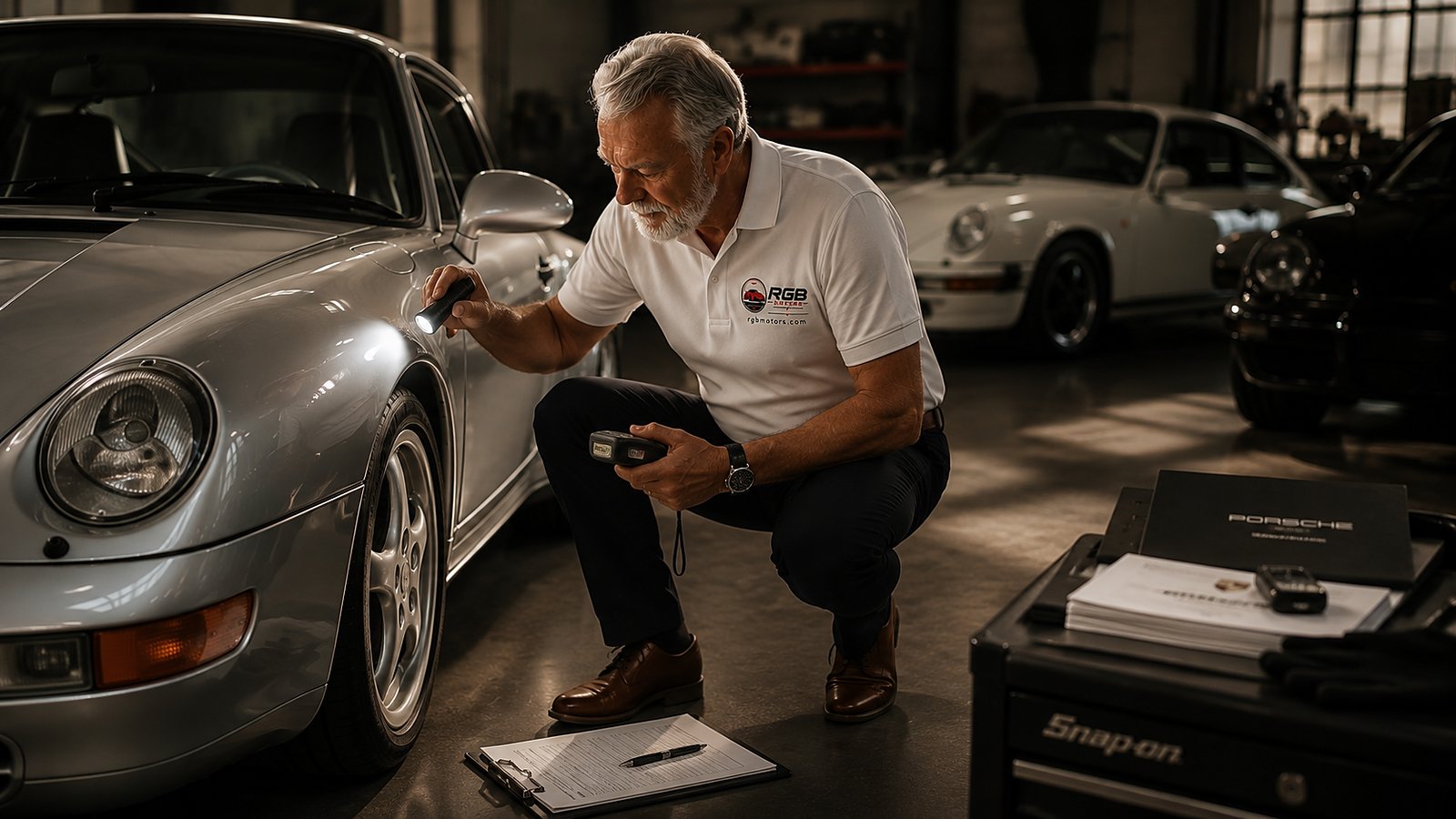 Ralf Bahr measuring paint depth on a Porsche 993 during an inspection