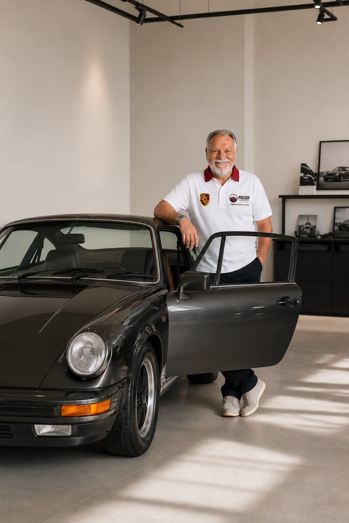 Ralf G. Bahr, founder of RGB Motors, at the door of a black Porsche 911 in the showroom