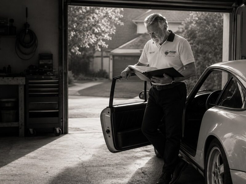 Ralf G. Bahr reading an original service history file beside a classic Porsche 911 in a private garage