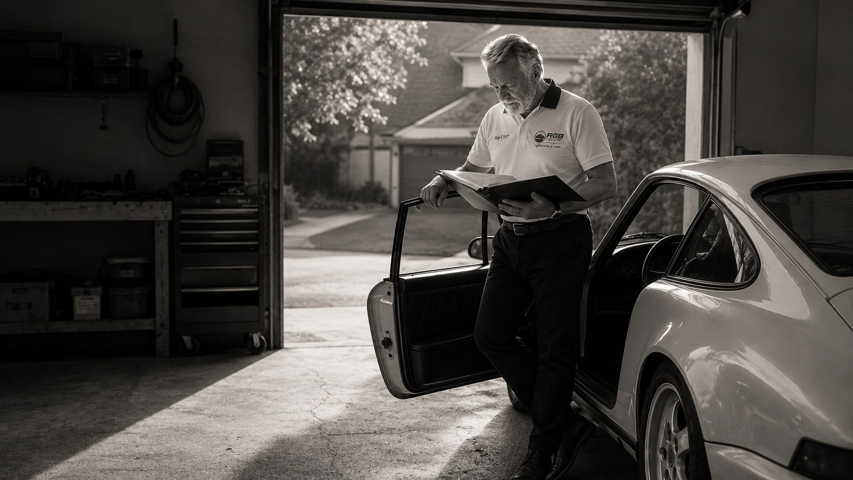 Ralf G. Bahr reading an original service history file beside a classic Porsche 911 in a private garage