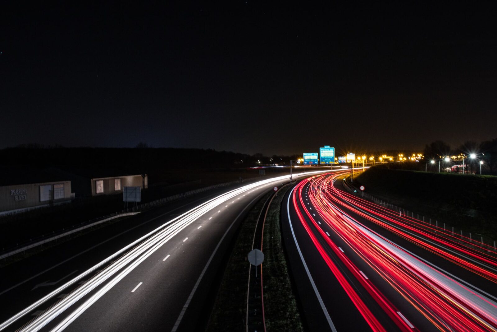 Night highway light trails on an overnight run.