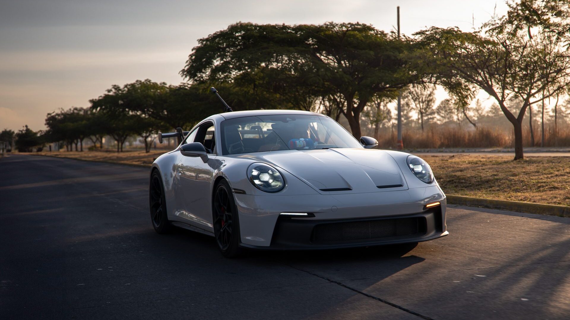 White sports car on a tree-lined road at sunset.