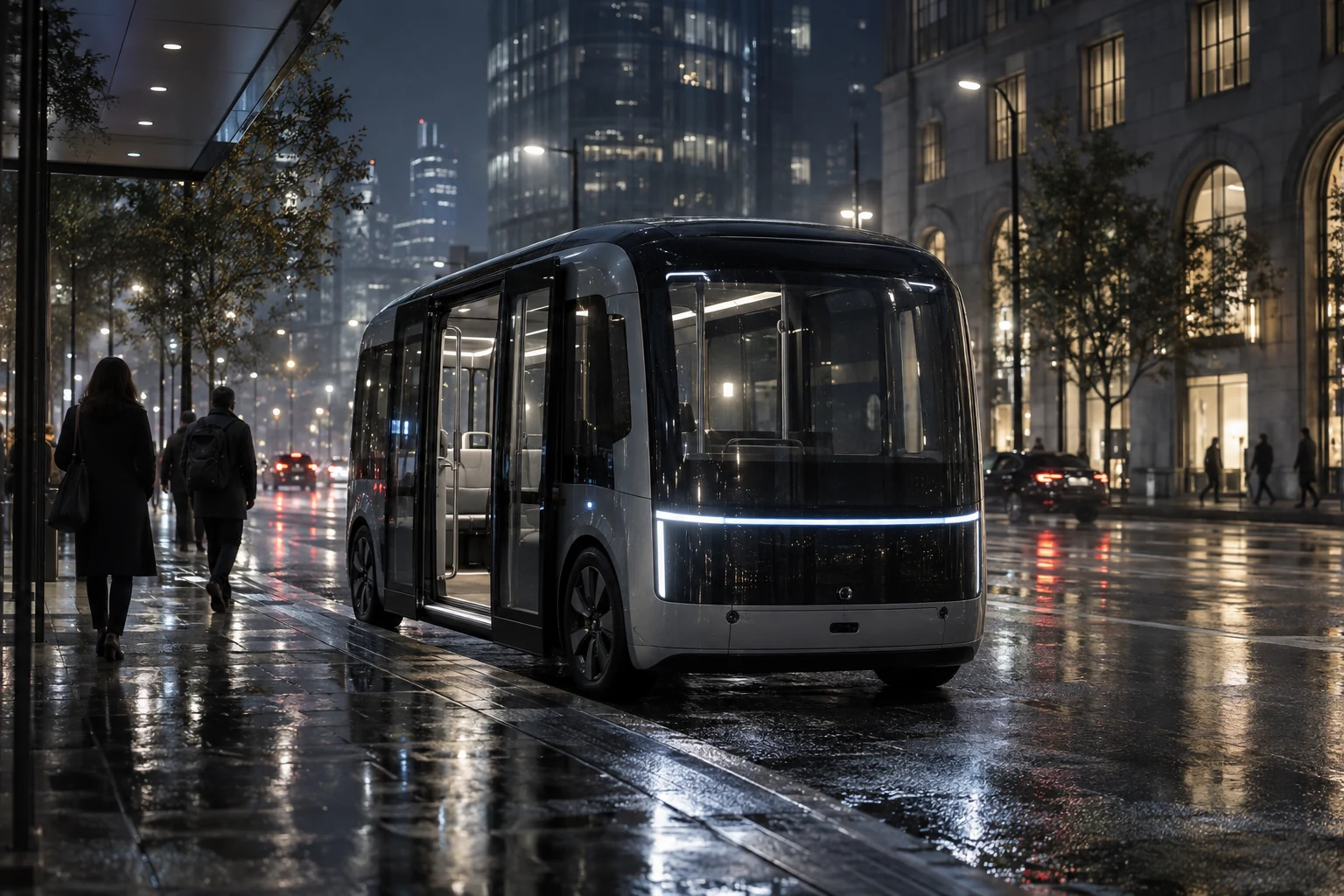 Autonomous electric shuttle arriving on a rain-lit city boulevard