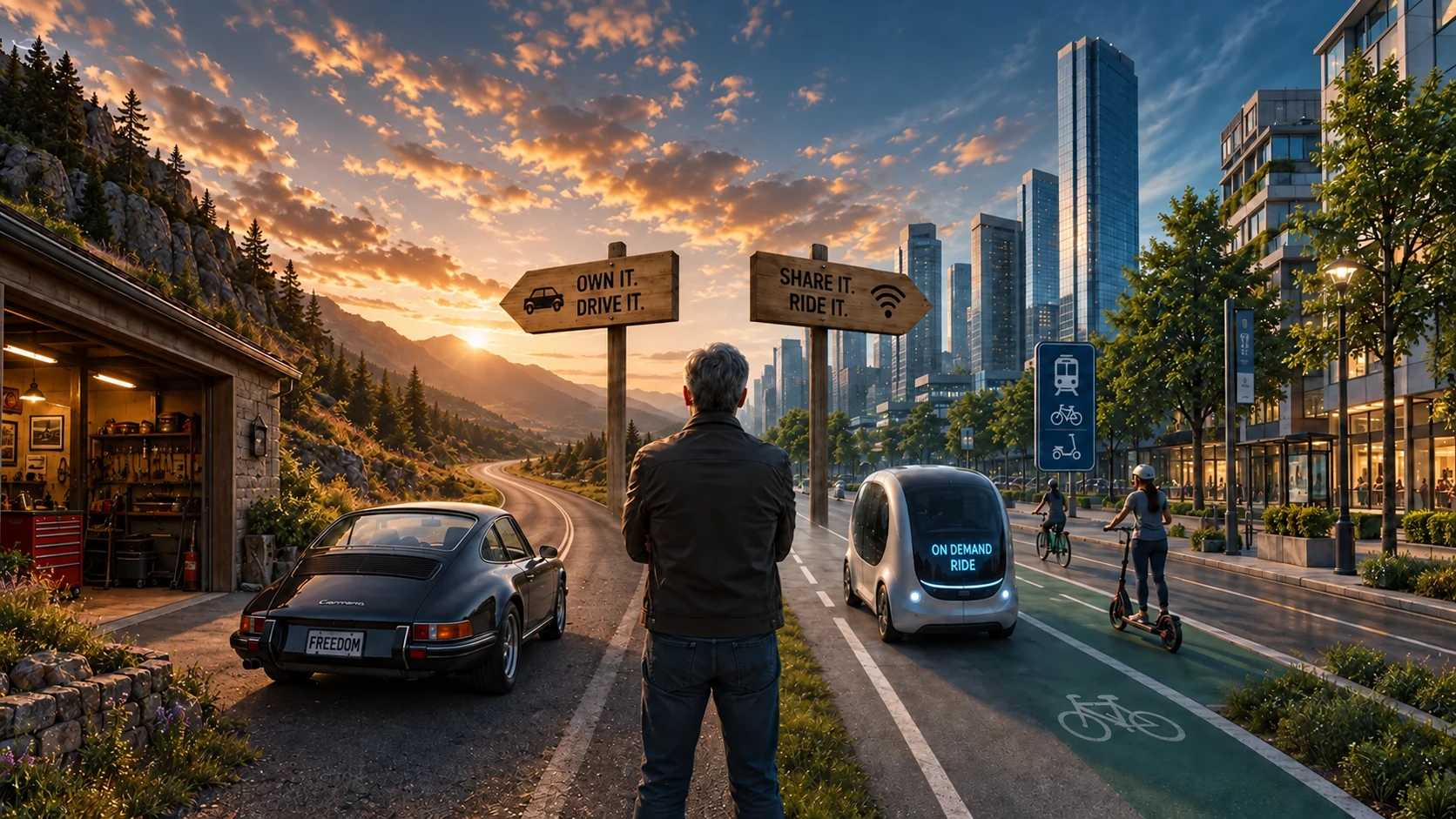 A driver choosing between personal car ownership and autonomous transportation