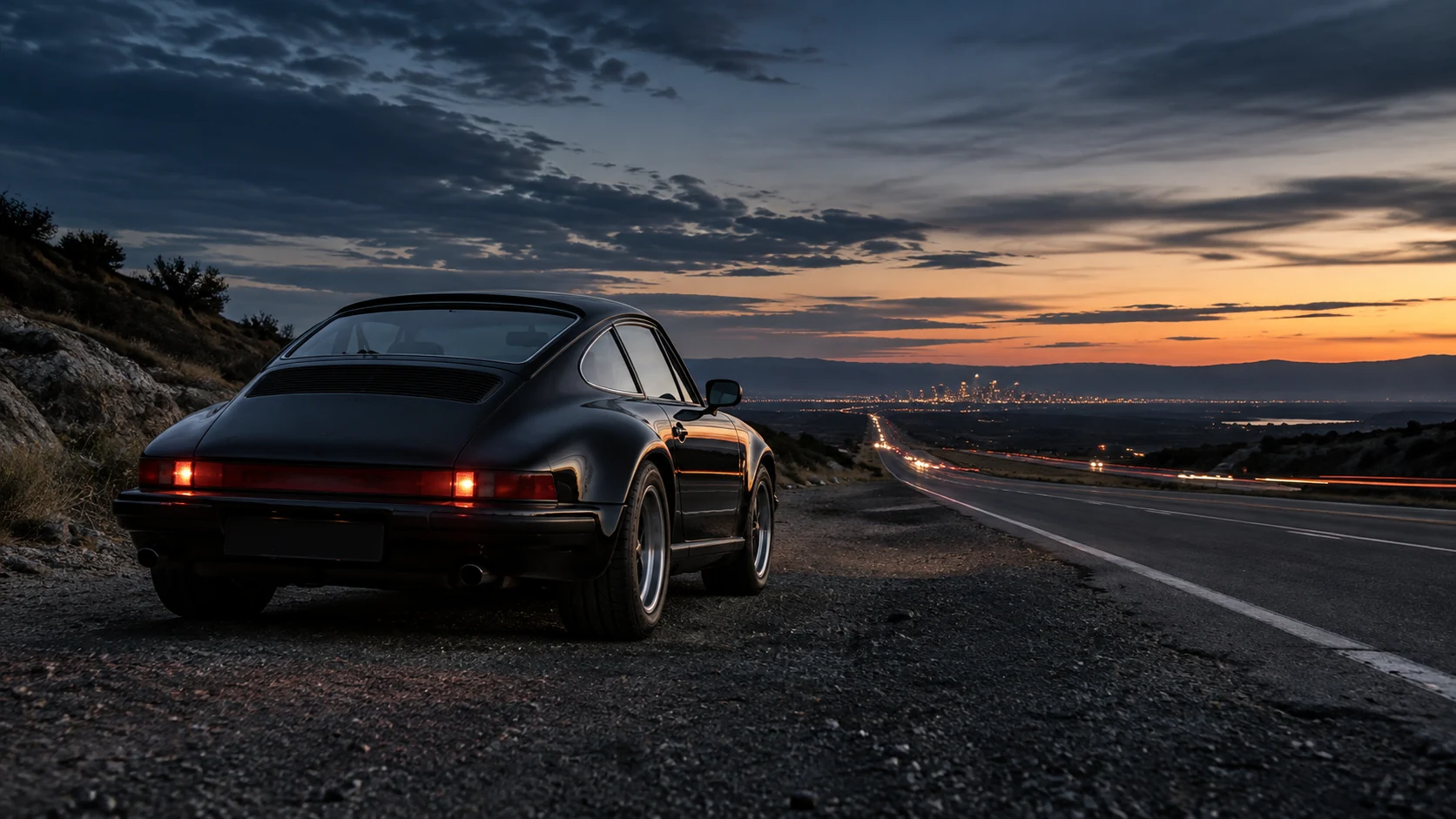 A classic black sports car overlooking a highway and city lights at sunset