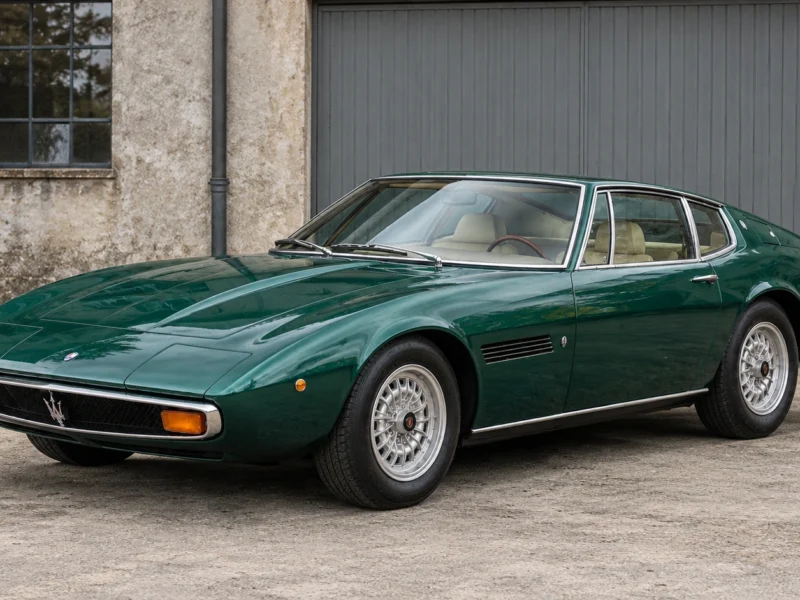 Forest-green Maserati Ghibli outside a classic-car workshop in soft daylight.