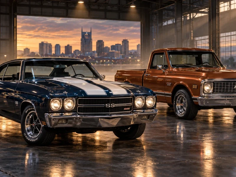 Blue Chevrolet Chevelle SS and copper Chevrolet C10 pickup in an industrial hall with Nashville in the distance.