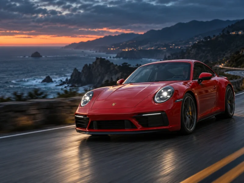 Modern red Porsche 911 on a coastal road at blue hour.