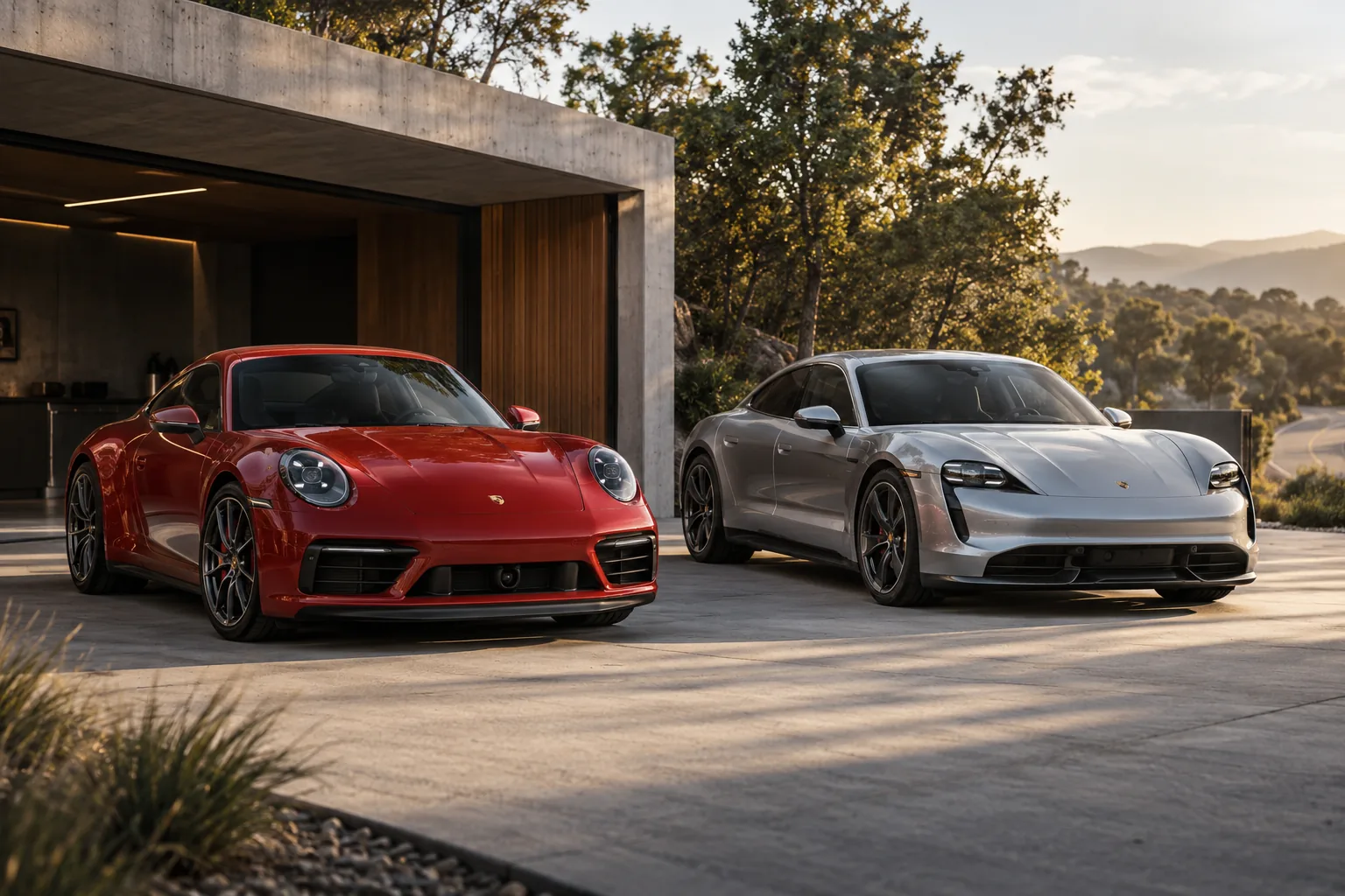 Red Porsche 911 and silver Porsche Taycan outside a modern garage