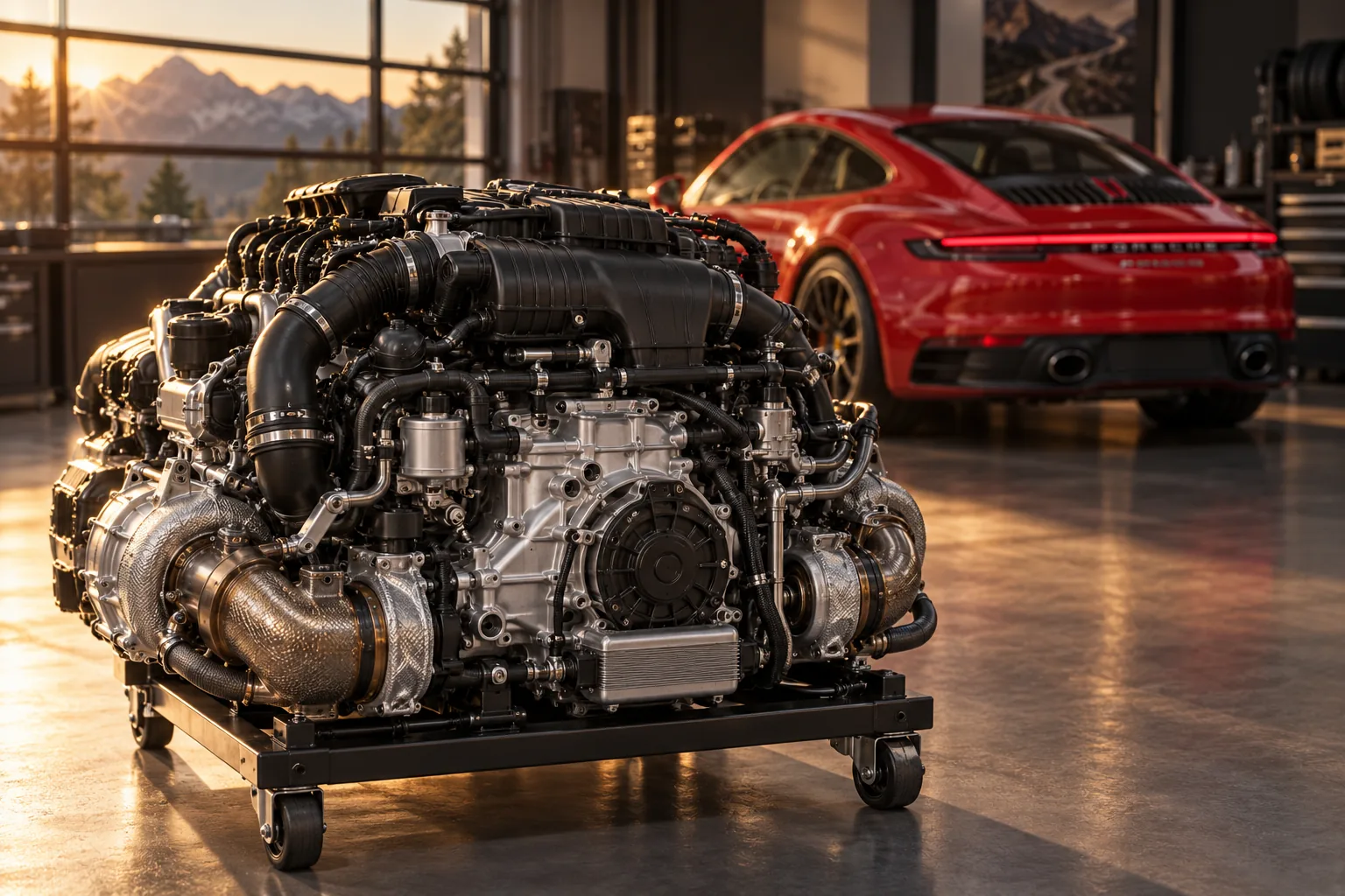 Contemporary Porsche flat-six engine with a red modern 911 in the workshop