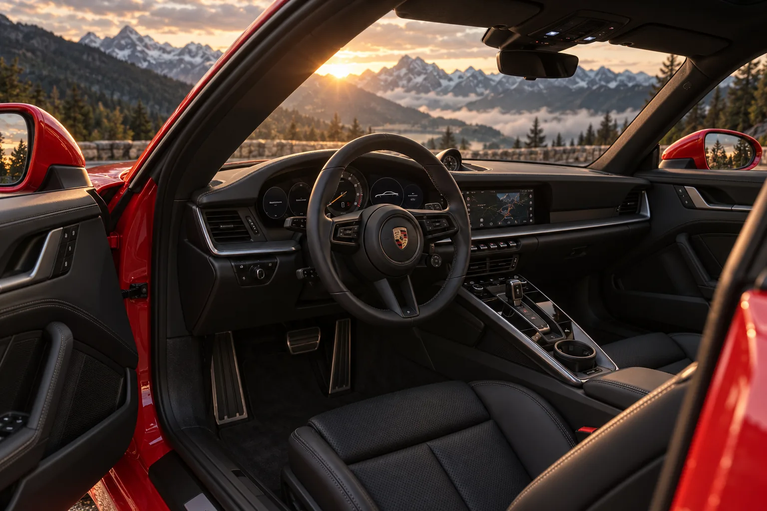 Modern red Porsche 911 cockpit with black leather, contemporary dashboard and centre console