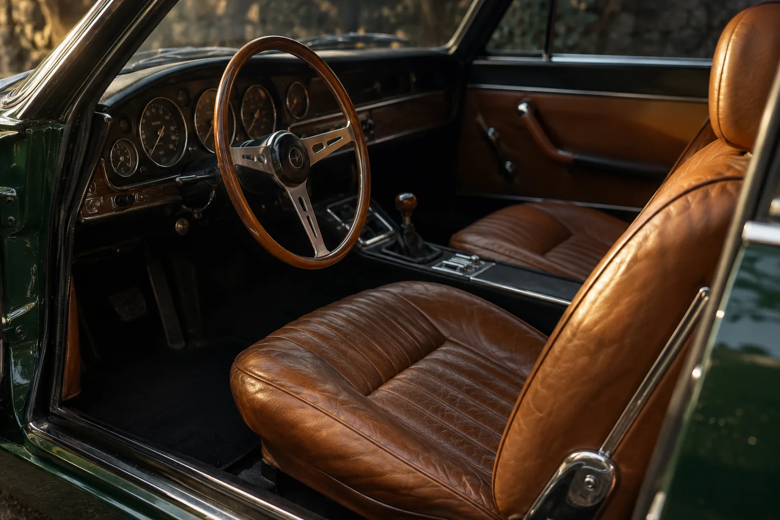 Cognac leather and wood-rim steering wheel in a preserved classic grand tourer