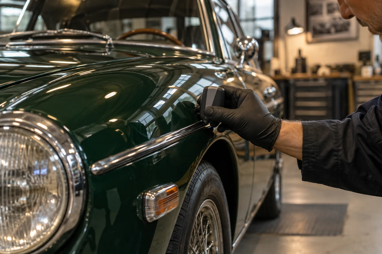 Gloved specialist measuring paint thickness on a green classic car