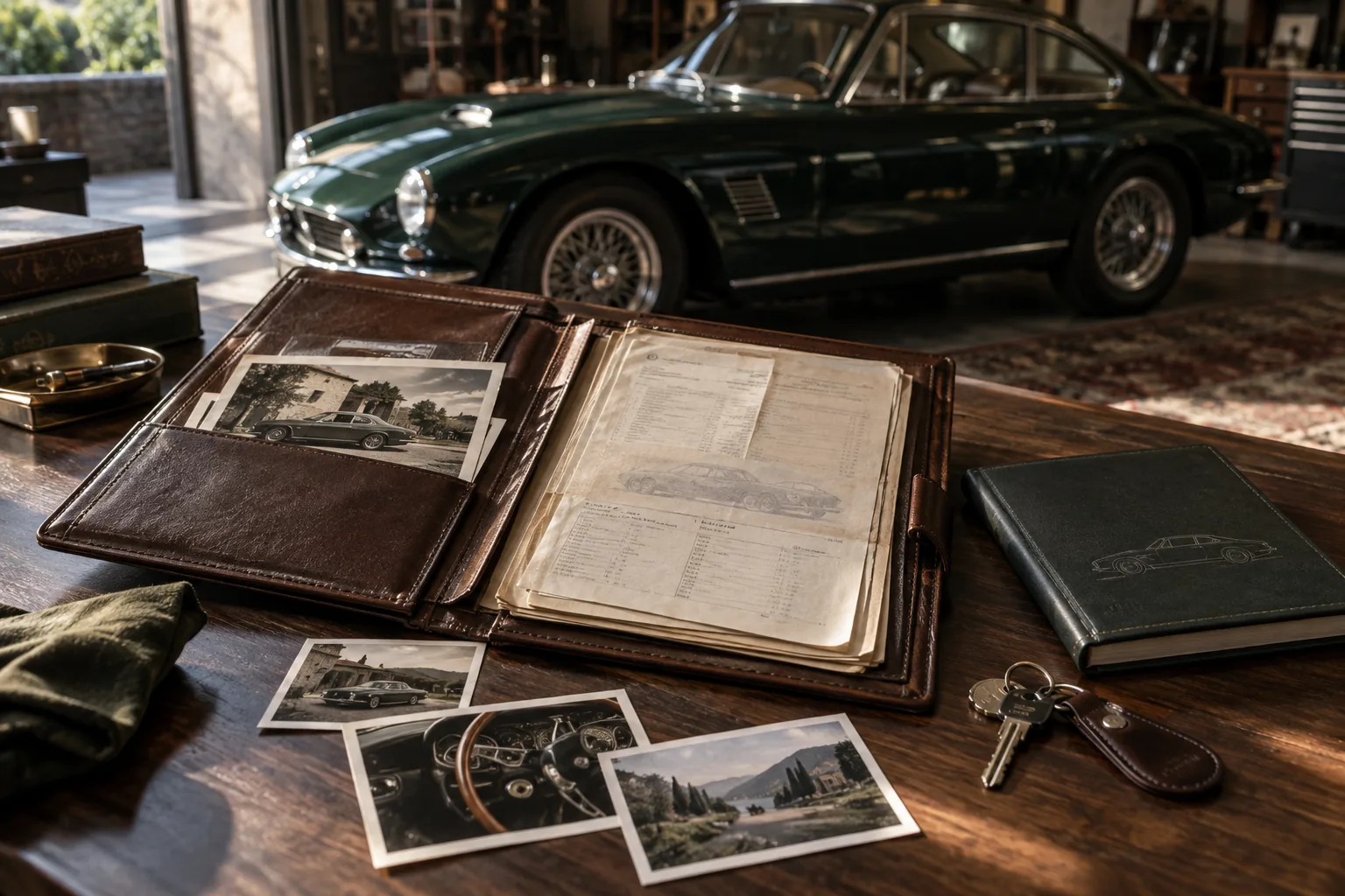 Illustrative history folder, period photographs, owner’s manual and keys on a collector’s desk